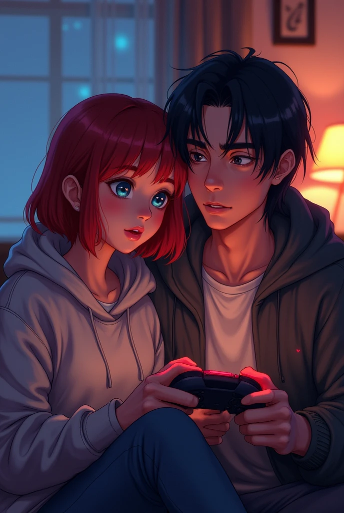 A girl white with haircut very short, red hair, playing videogames with a boyfriend, a man swarm with haircut very long, han blackhair