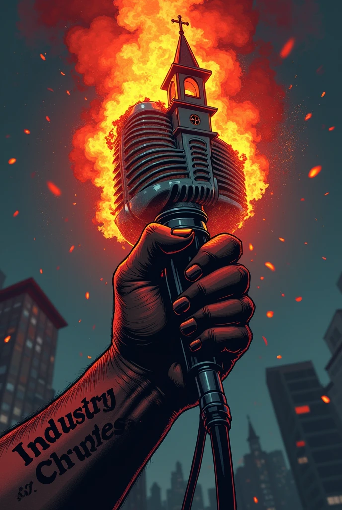 A Hip-hop song cover art with titled "INDUSTRY ADDRESS." Also on it there should be a muscular African hand with a clearly written tattoo "LiB Dax EST 1996" holding a microphone. At the end of the microphone rope there should be a burning church 