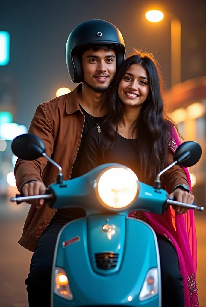 An handsome malay boy wear black shirt with brown jacket with black helmet on his head is sitting on a blue scooter with a girl who wear a black churidar with pink dopatta and a street lights backgtound view