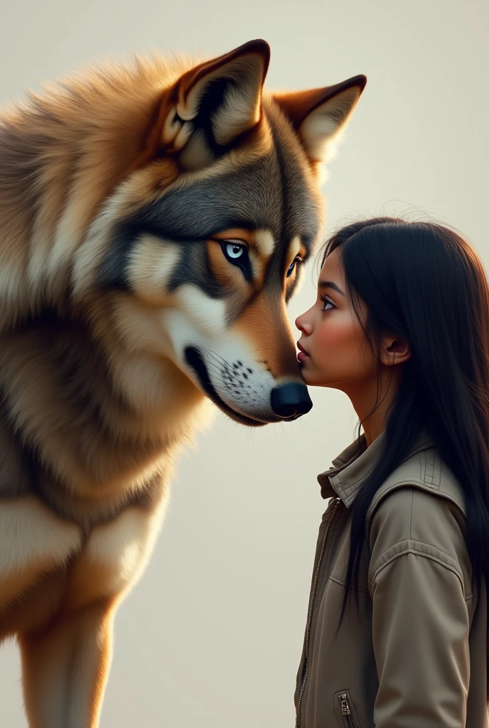 Large wolf, blue eyes, brown fur, looking face to face with a teenager, Brown skin, latina, long straight hair , Dark brown hair, with violet eyes, looking at each other with love