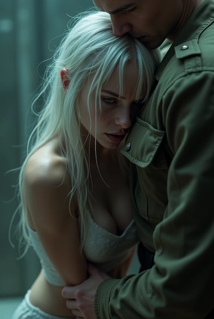 Noah is a stunning beauty of 20 with silvery white hair and indigo eyes.。Noah was standing on all fours in front of the mirror.、Please draw a scene with a soldier standing behind her.。Noah's white skin glistens with sweat.、Her breasts are shaking with the movements of Suon.。Noah's face was contorted with humiliation and pain.、Tears in my eyes。Her messy hair reflected in the mirror、It highlights her feelings of helplessness and humiliation.。The soldier grabbed Noah's waist tightly.、There was something moving violently behind it.、The mirror shows Noah's tense expression and shaking body.。overall、Noah's facial expression and posture、Emphasizing the strength of the soldier、Express the tension of emotion and movement。