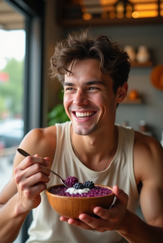 realistic young man, At the acai shop ,eating acai , ultra HD, high qualiy, best qualityer, high resolution 18k