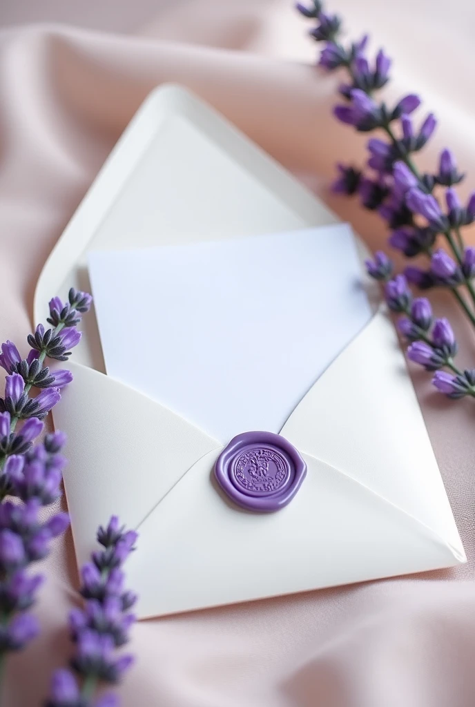 Wedding invitation with white envelope and lilac wax seal and lavender flower