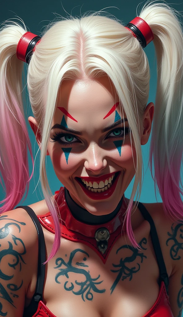 Harley Quinn. White and pink hair. tatuados. Grinning. smudged makeup