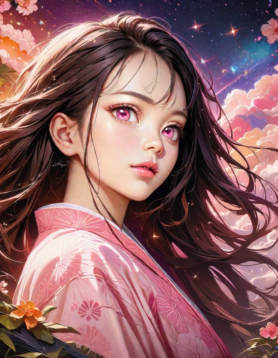 (masterpiece, best quality:1.2), Embossed paper, Solitary,Black LightNezuko from demon slayer. a young woman with long dark hair, (pink eyes), beautiful detailed eyes, beautiful detailed lips, extremely detailed face, longeyelashes, wearing a pink kimono, (best quality,4k,8k,highres,masterpiece:1.2),ultra-detailed,(realistic,photorealistic,photo-realistic:1.37),digital painting,exquisite detail,intricate details,highly detailed,vivid colors,warm lighting,cinematic lighting,dramatic lighting, iridescence, dramatic angle, space, (floating colorful sparkles:1.3), Dramatic Lighting, Chiaroscuro, Evocative Depth, Face Portrait, Close up, ulzzang, (looking at viewer),