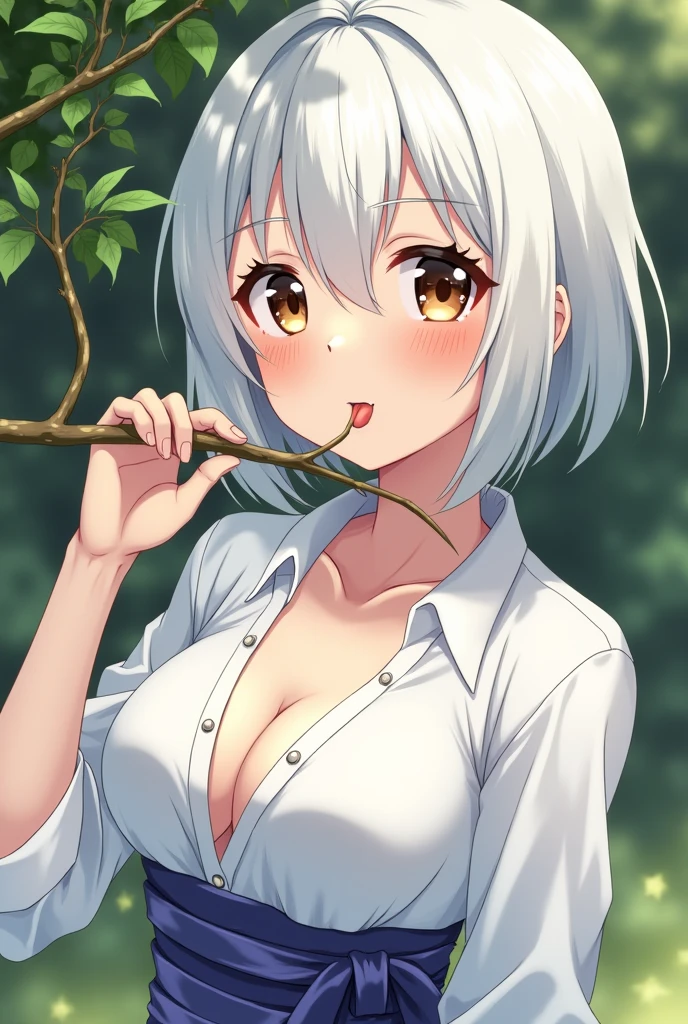 The character in the image has an appearance that mixes cuteness with provocative sensuality. She has short, white hair that falls softly around her face, with bangs that cover her forehead in an asymmetrical way, leaving her face well framed. Their eyes are large and brown, with a slightly tired or indifferent look, and their arched eyebrows give an impression of tranquility or boredom. Your skin is clear and without visible imperfections, giving a feeling of delicacy. The character has a slightly flushed face, as if she is embarrassed or excited, which contrasts with her facial expression which is quite neutral, almost monotonous, with her tongue sticking out, touching a tree branch that she is holding. This gesture gives a suggestive tone to your expression, which could be interpreted as provocative or challenging. She wears a white shirt that is unbuttoned at the top, revealing her cleavage and part of her breasts, reinforcing the sensual tone of the image. Below her bust, she wears a blue or purple sash, which appears to be some type of belt or decorative accessory. Her upright posture, with slightly slumped shoulders, gives the impression that she is relaxed and confident in her own appearance. Overall, the character combines elements of innocence with a veiled sexuality, creating a figure that is both intriguing and challenging. The mixture of an almost apathetic expression with provocative gestures results in a personality that appears to be complex and multifaceted. Do it anime style
