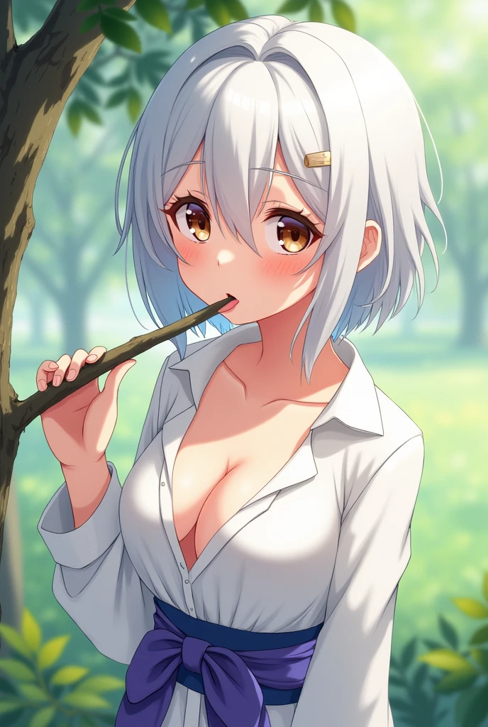 The character in the image has an appearance that mixes cuteness with provocative sensuality. She has short, white hair that falls softly around her face, with bangs that cover her forehead in an asymmetrical way, leaving her face well framed. Their eyes are large and brown, with a slightly tired or indifferent look, and their arched eyebrows give an impression of tranquility or boredom. Your skin is clear and without visible imperfections, giving a feeling of delicacy. The character has a slightly flushed face, as if she is embarrassed or excited, which contrasts with her facial expression which is quite neutral, almost monotonous, with her tongue sticking out, touching a tree branch that she is holding. This gesture gives a suggestive tone to your expression, which could be interpreted as provocative or challenging. She wears a white shirt that is unbuttoned at the top, revealing her cleavage and part of her breasts, reinforcing the sensual tone of the image. Below her bust, she wears a blue or purple sash, which appears to be some type of belt or decorative accessory. Her upright posture, with slightly slumped shoulders, gives the impression that she is relaxed and confident in her own appearance. Overall, the character combines elements of innocence with a veiled sexuality, creating a figure that is both intriguing and challenging. The mixture of an almost apathetic expression with provocative gestures results in a personality that appears to be complex and multifaceted. Do it anime style