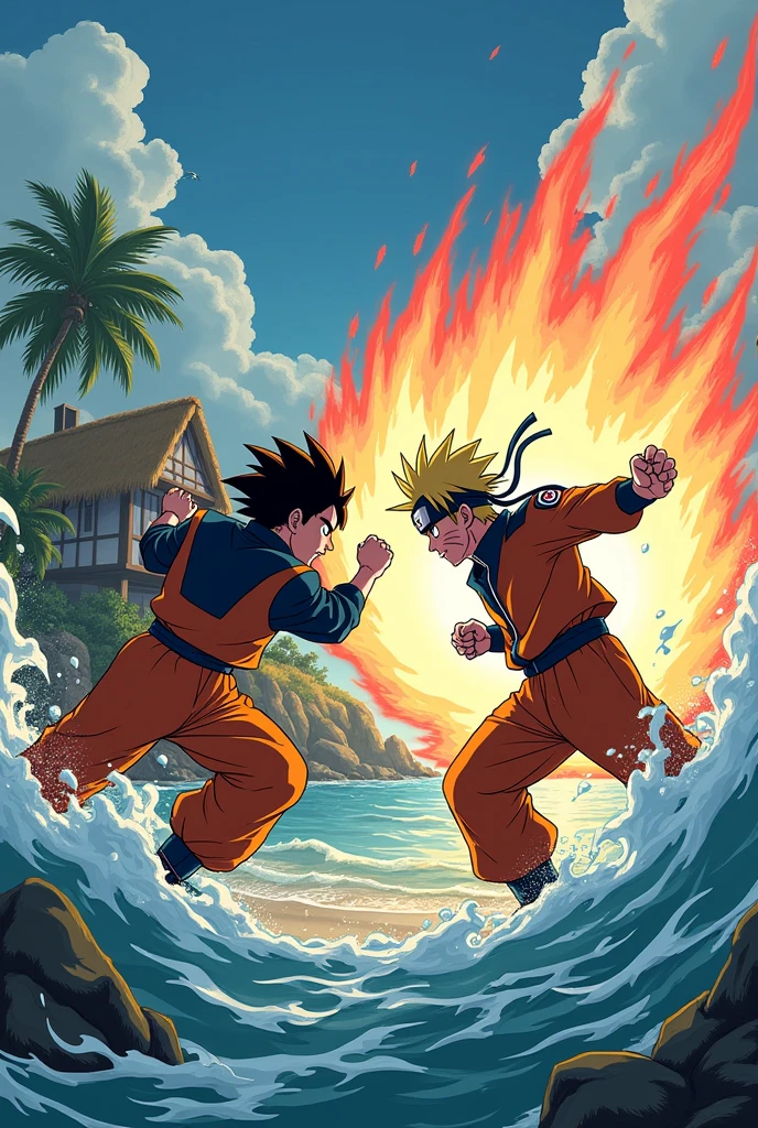 Create Naruto and Goku fighting in the Kame House