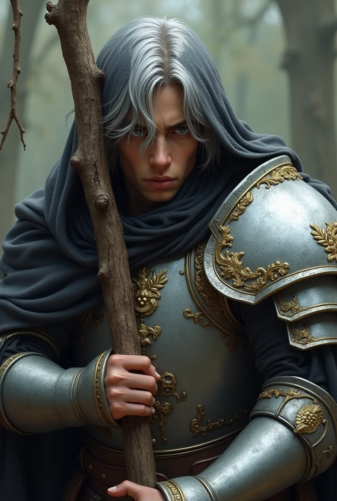 Mysterious and disheveled looking young gentleman, with large and wide armor, silver with gold flourishes, covered with a layer, head covered with hood, short beard, brown skin, medium short silver hair, white of the illuminated eyes, It rests on a stick that looks like a branch