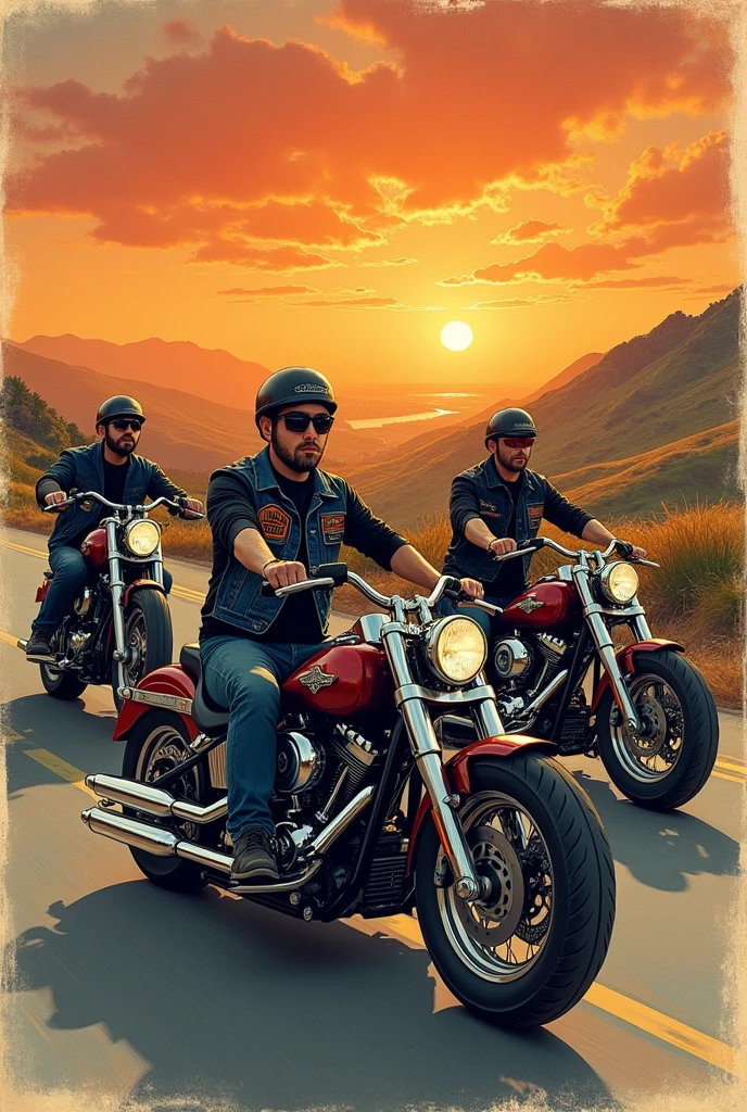 OLDSCHOOL drawing of a group of motorcyclists wearing a black shirt and denim motorcycle club vest, and YOUR CUSTOM OLDSCHOOL MOTORCYCLES, highlighting the surrounding landscape, a road at sunset