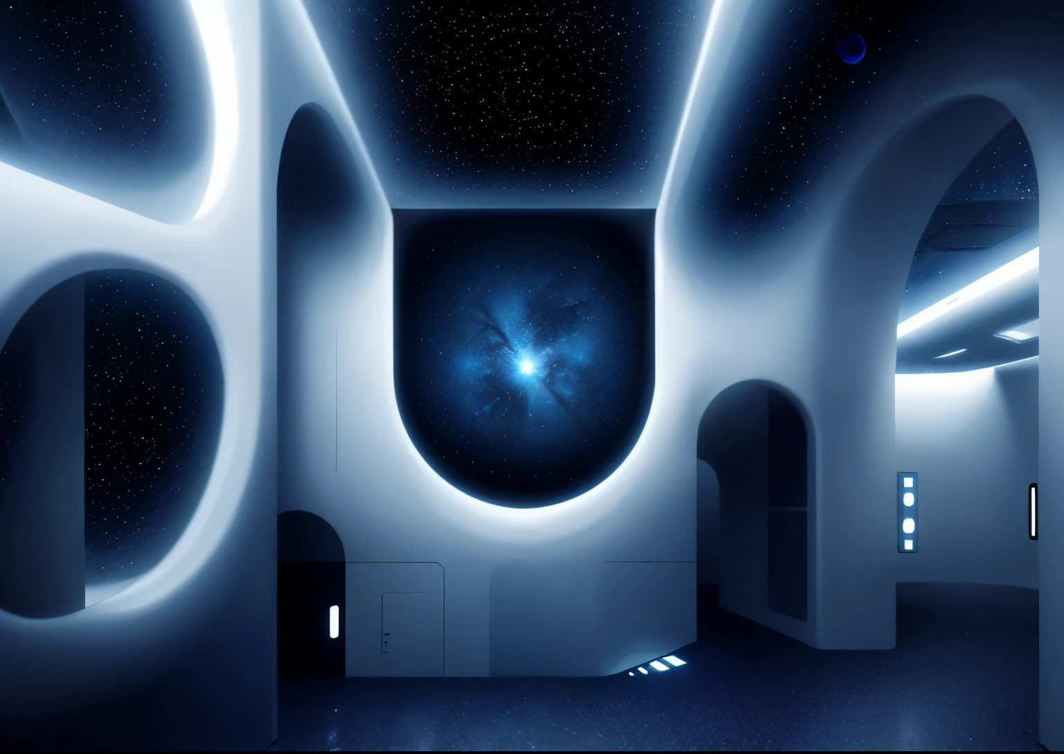 minimalistic style, futuristic details, space with stars on background