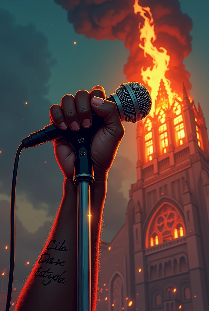 A Hip-hop song cover art with titled "INDUSTRY ADDRESS." Also on it there should be a muscular African hand with a clearly written tattoo "LiB Dax EST 1996" holding a microphone. At the end of the microphone rope there should be a burning church 