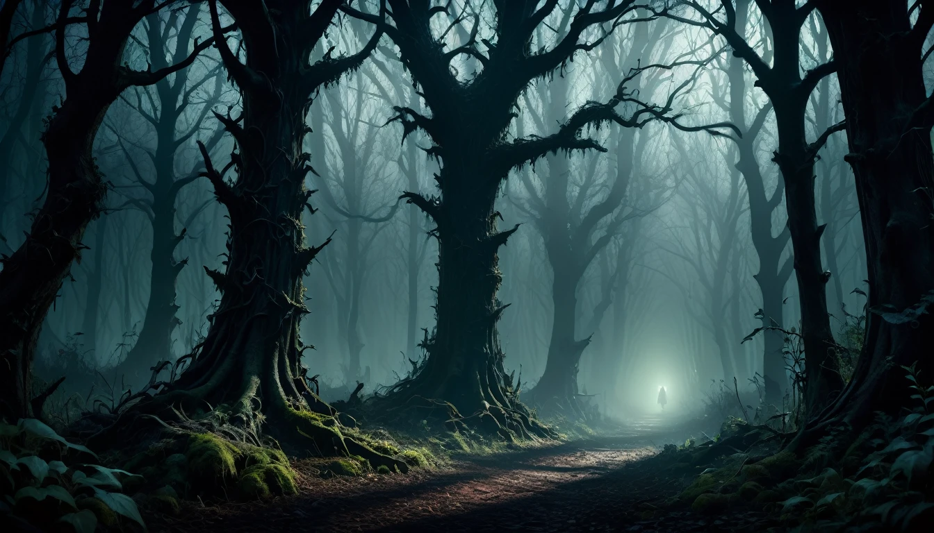 haunting forest atmosphere, chiaroscuro lighting, dark and moody colors, gothic horror, intricate details, cinematic composition, dramatic shadows, photorealistic, 8k, hyper detailed, masterpiece, dark fantasy, moody, atmospheric, dramatic, cinematic composition, realistic textures, highly detailed