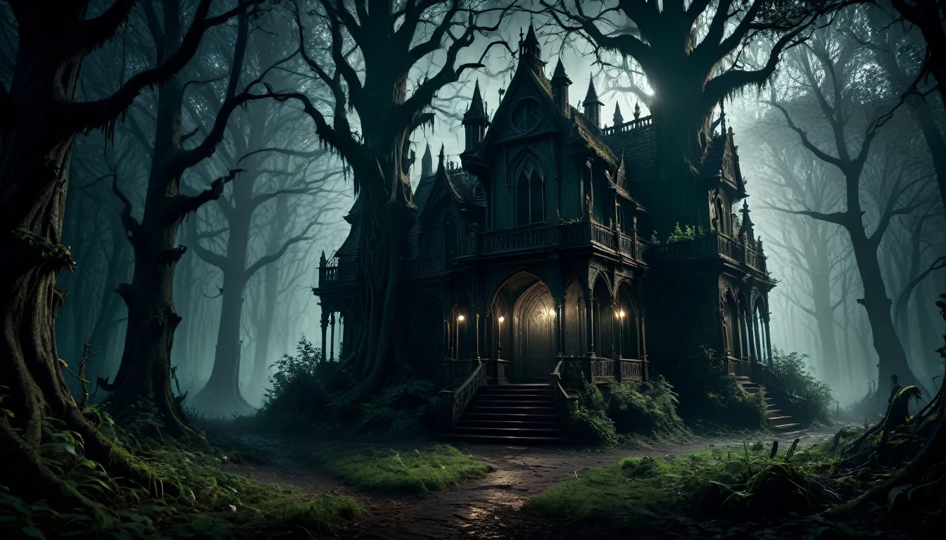 haunting forest atmosphere, chiaroscuro lighting, dark and moody colors, gothic horror, intricate details, cinematic composition, dramatic shadows, photorealistic, 8k, hyper detailed, masterpiece, dark fantasy, moody, atmospheric, dramatic, cinematic composition, realistic textures, highly detailed