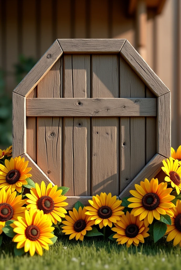 A hexagonal wooden fence with sunflowers under it with a wooden background