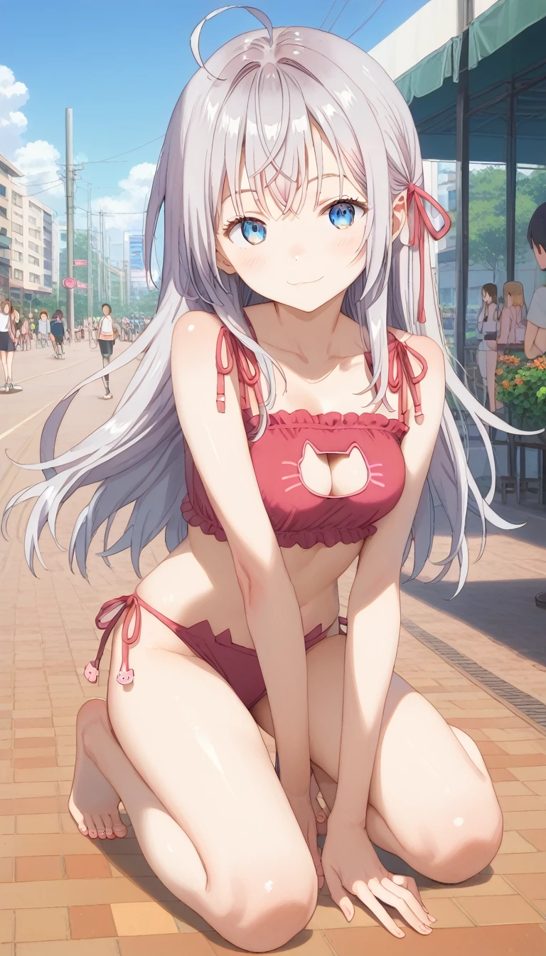 score_9, score_8_up, score_7_up, source_anime, masterpiece, absurdres, medium breasts, perfect face, 1girl, cute expression, smiling, looking at viewer, full body, background: bedroom, alisamikhailovna, alisamikhailovna kujou, long hair, bangs, blue eyes, tiara, ahoge, gray hair, red ribbon, (cat lingerie:1.1), (red lingerie:1.1)