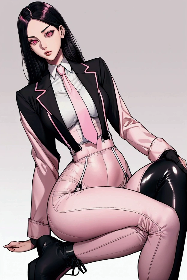 2, woman with a slender and curvy figure, pale skin, long, straight black hair with grayish pink highlights, grayish pink eyes, black long sleeve high neck bodysuit, Pink tie, white jacket with black strap suspenders, black tights, black rock boots