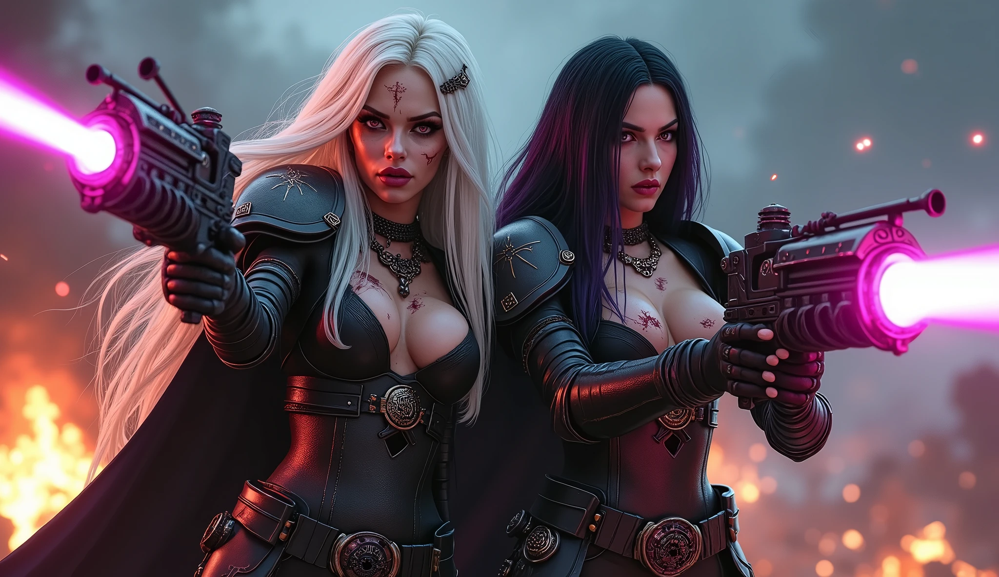 Full body pose sexy sisters of battle from the warhammer 40k, wounded in war, blood covered, shooting at the enemy, red space marine armor with intricate details, white space marine armor with intricate details, symbols on the armor, sisters of battle, warhammer 40k, Massive exposed silicone breast, pale skin, seductive, temptation, eat your soul, clevage, long white flowing hair, long black flowing hair with purple highlights, heavy gothic makeup, at night, neon, beautiful detailed eyes, beautiful detailed lips, extremely detailed eyes and face, long eyelashes, highly detailed space marine armor, intricate futuristic laser weaponry, dramatic lighting, cinematic composition, muted color palette, gritty and realistic, mecha, science fiction, hyper-detailed, photorealistic, award winning digital art, 8k, HDR, masters work, in the middle of a battle field, explosions and fire around, full war, stunning, cinematic, shooting at the enemy