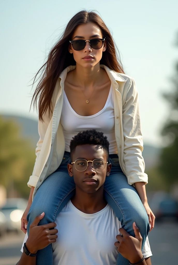 Create a photo of a 20 year old young woman, with a slender and beautiful body, wearing jeans and an open white shirt without a bra with white and fair skin, with long brown hair and wearing sunglasses being carried on the shoulders of a teenage boy ,Scrawny, homely, short man who has dark black skin and is wearing a white shirt and jeans and glasses