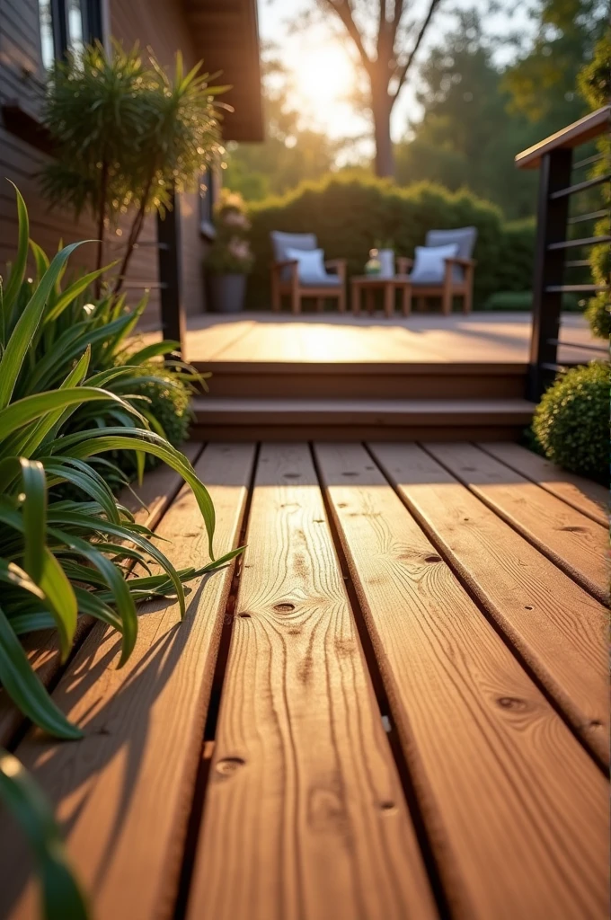 Create a visually engaging Instagram post image featuring a wooden deck. The deck should be the focal point, emphasizing the rich wood grain, texture, and natural tones. The scene can include subtle elements like outdoor furniture or surrounding greenery, but the main focus should remain on the deck. The image should be modern, clean, and designed to capture attention on social media
