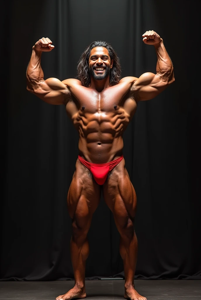 a brazilian mixed race man in red bikini bulge posing on a stage with his arms up and a smile on his face, a portrait by Byron Galvez, featured on instagram, Baroque, body builder physique, Physicist exagerado, Physicist muscular exagerado, Mr. Universe, big fit ass, long, stark, Physicist |, corpo fitness ifbb, body builder posing, body builder, body builder body, ernest khalimov body