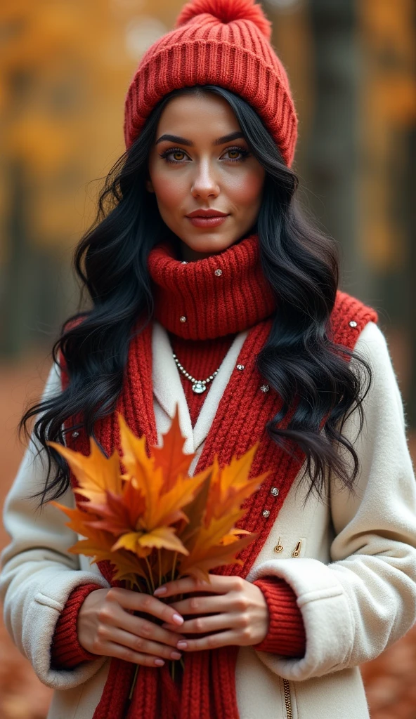 beautiful autumn woman, 

full body, 

long black curls, 

in white and red wool, woolcap

scarf, 

jacket, 

a coat and Rhinestones leaves in hand ultra hd, 

realistic, 

vivid colors