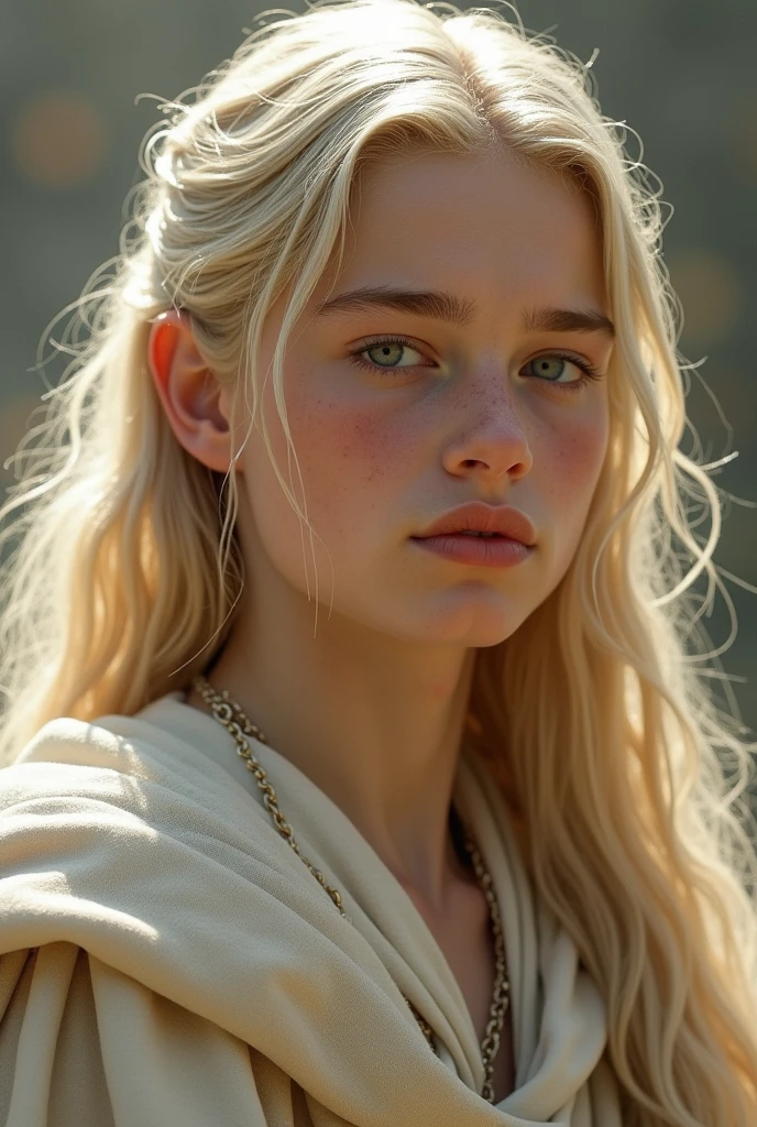Makes a male Targaryen long golden hair and golden eyes young white skin with baby face younger 15 years with androgenic features 