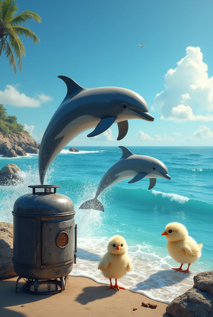 Images of dolphins jumping out of the sea next to chicks with a smoker