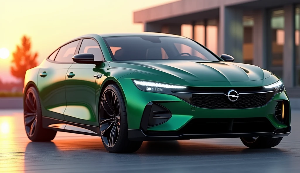 Create a high quality 16K HD image, ultra realistic, photo realistic, plan 3/4 before, un opel prototype avec les trait distinctif de l’opel Astra 2023, 4-door coupe. Grille Visor, half arrow shaped daytime led light on, calandre glosse noir se prolonge sur de droite a gauche s’integrant dans les phares, tinted rear door window, revealing a modern interior, two-tone body colors bottle green metallic and matte black, black and silver gray gloss rim. Peugeot 504 type trunk. Positioned on esplanade with modern buildings in the background, soleil couchant, reflection of the rays on the bodywork. Second identical Opel prototype, seen from 3/4 rear 