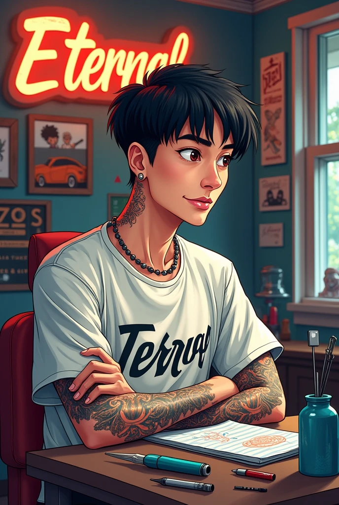 Tattoo Studio name is Eternal, Tattoo Artic name is Zan,Tattoo Studio room background in studio name and artic name, Cartoon tattoos studio , tattoos accessories , tattoos artic is boy, Artic name is Zan, hair is short and black,tattoos accessories , Eternal shart, Eternal Tattoo Studio, tattoos artic Zan