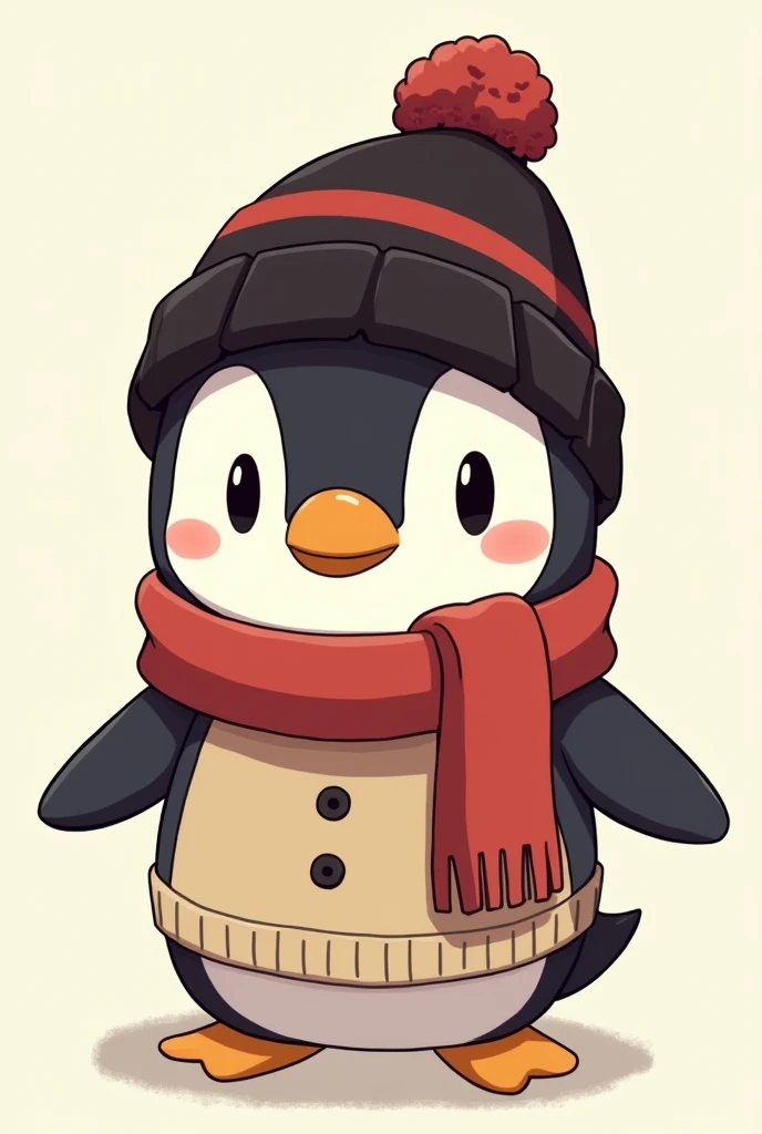 A penguin dressed up as Chara from Undertale wearing a black wool hat