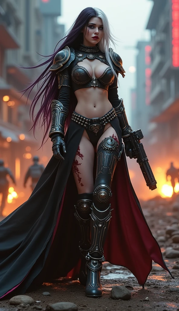 Full body pose sexy sisters of battle from the warhammer 40k, wounded in war, blood covered, shooting at the enemy, red space marine armor with intricate details, white space marine armor with intricate details, symbols on the armor, sisters of battle, warhammer 40k, Massive exposed silicone breast, pale skin, seductive, temptation, eat your soul, clevage, long white flowing hair, long black flowing hair with purple highlights, heavy gothic makeup, at night, neon, beautiful detailed eyes, beautiful detailed lips, extremely detailed eyes and face, long eyelashes, highly detailed space marine armor, intricate futuristic laser weaponry, dramatic lighting, cinematic composition, muted color palette, gritty and realistic, mecha, science fiction, hyper-detailed, photorealistic, award winning digital art, 8k, HDR, masters work, in the middle of a battle field, explosions and fire around, full war, stunning, cinematic, shooting at the enemy