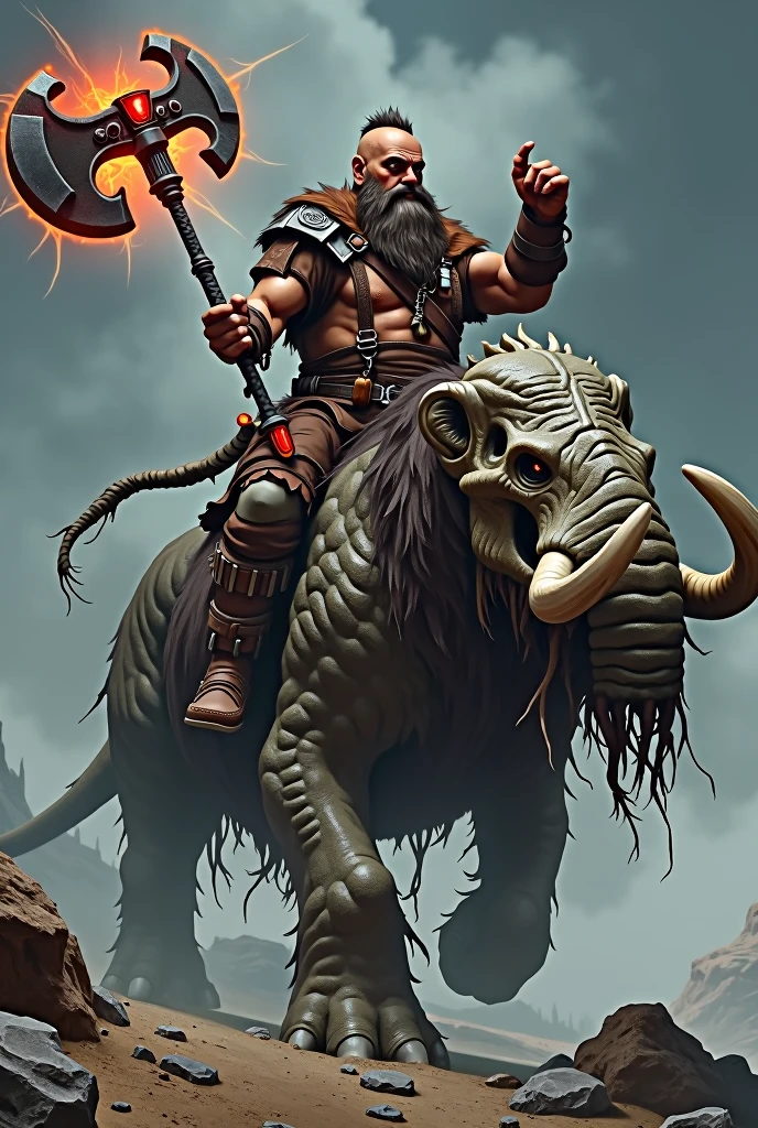 a fearless dwarf warrior who carries the soul of a red dragon in his axe; the axe is made from the bones of a demon., your clothes are made from the leather of a leviathan, the dwarf is missing one of his eyes, in place of eyes he has a zarifa that emits black magic energy, The dwarf has a mount that is a kind of mammoth but transformed into an orc that drools blood and the mammoth has no life, it is dead, you can see its bones and inside them the spirit of the evil orc floating inside the bones..