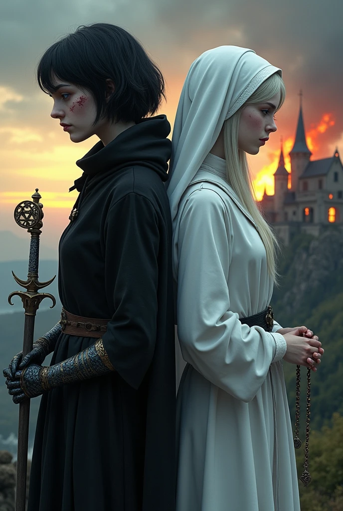 Two pale young women of the Middle Ages standing back to back with violet eyes, with the one on the left with a suffering eye, dark alchemist clothes and left arm with a steampunk technology prosthesis, holding a dagger with a pentagram, short black hair with a cut on the face, and the one on the right with white nun clothes holding a rosary with sad closed eyes long white hair with a burning castle behind , the night 