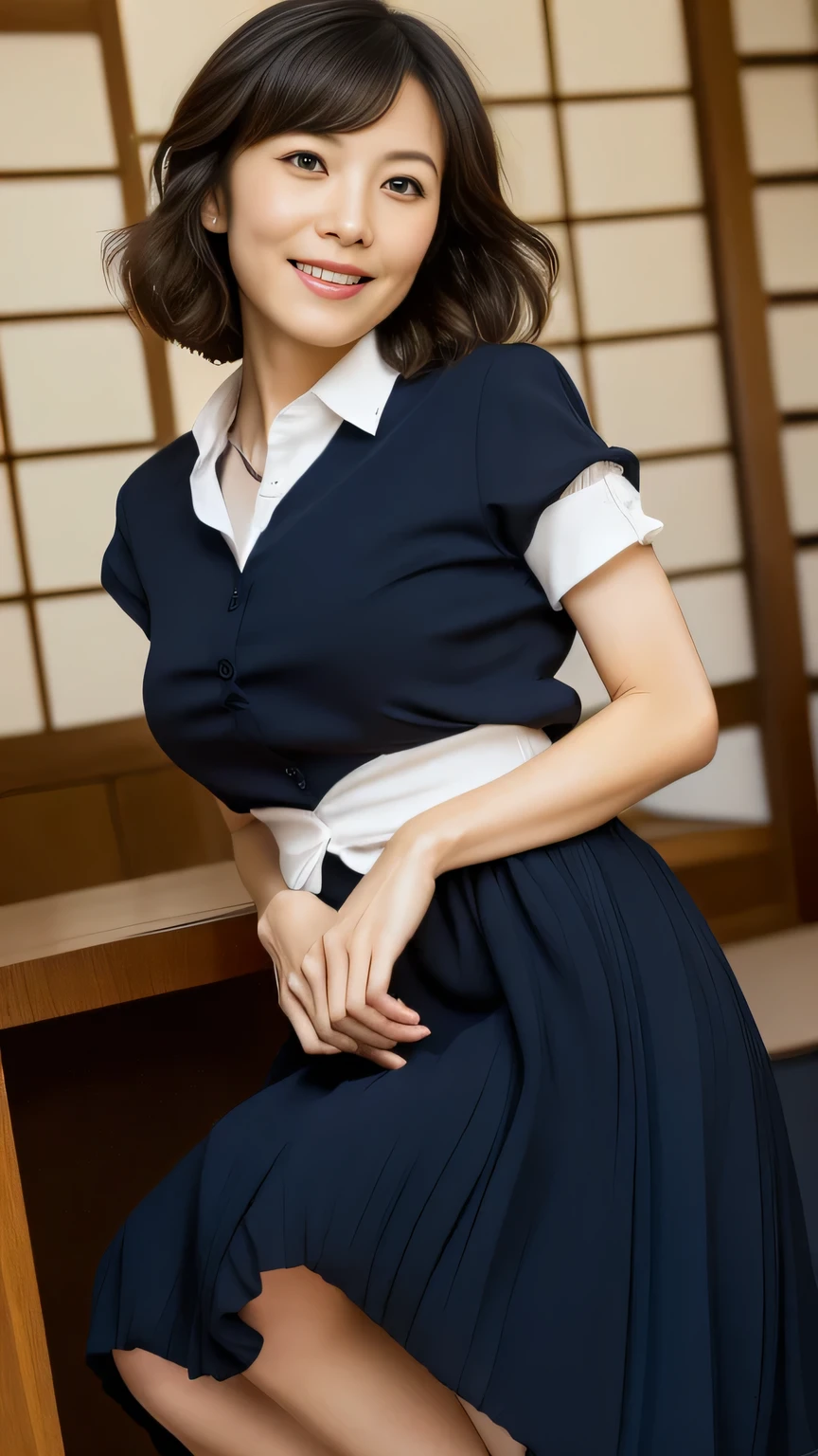 Highest quality, masterpiece, Ultra-high resolution, (Realistic:1.4), RAW Photos, ((((Angle from below):1.3))), One Mature Woman, , 30 year old Japanese housewife, Realistic facial wrinkles、((small, Under a navy blue pleated long skirt、Perky ass in chic panties, Wear a see-through dress shirt)), An innocent smile, ((The smile of an ordinary Japanese woman, very beautiful big black round eyes, Very beautiful straight black short hair):1.1), Very beautiful white skin, Very beautiful thighs, Very beautiful legs, Walk towards here、((Detail of big ass in chic panties):0.8), ((Elegant navy blue pleated long skirt):1.1), ((Sheer dress shirt details):1.1), ((A dress shirt made in Japan with attention to detail):0.8)