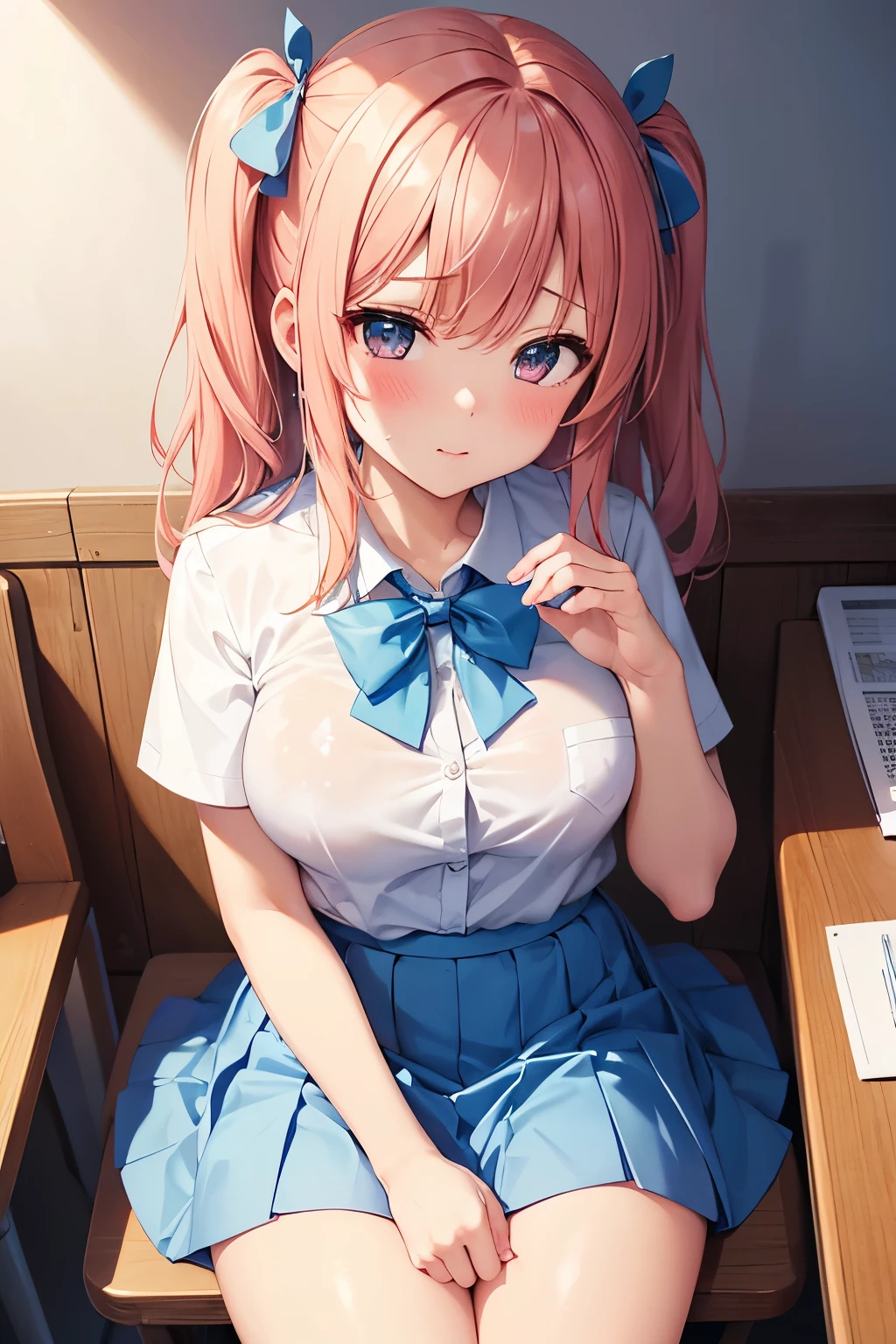 From above, (Squint your eyes:1.2), close, One Girl, blush, sit, nsfw,beautiful girl,Wear a uniform, Light blue skirt, Anime move,Two Side Up