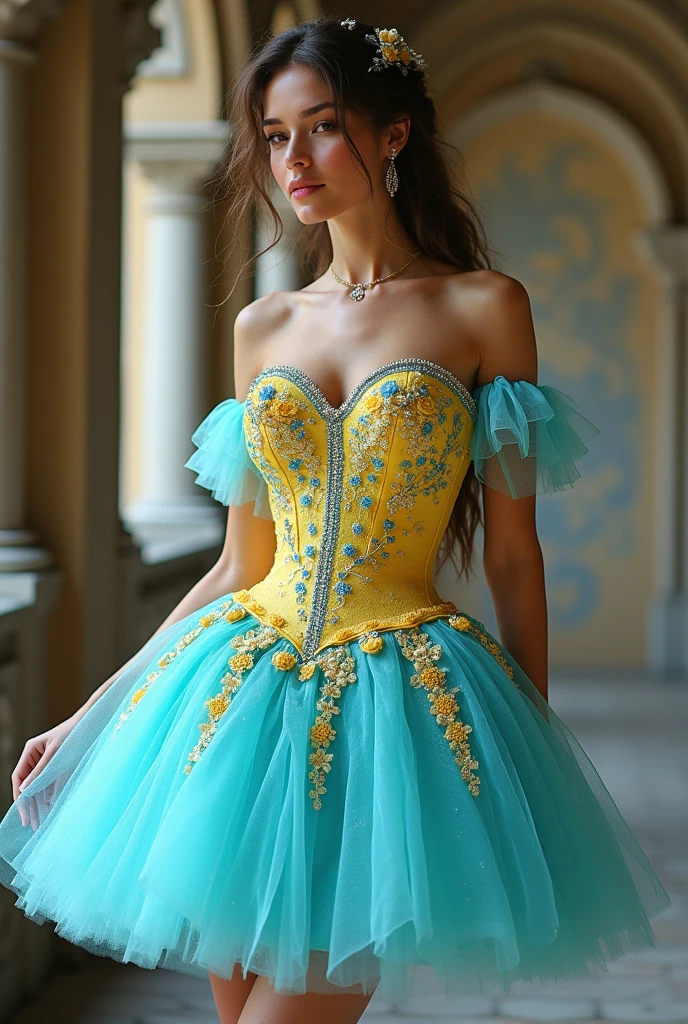 Glamorous princess style short dress with multi-layered skirt in turquoise sparkling tulle with rhinestones, gliter, diamond that does not go past the knee and yellow corset that reaches the waist with a neckline that reaches the waist, the neckline, embroidered lace throughout the corset bipiur and many highlighted yellow and light blue flowers throughout the 3d corset and rhinestones and with elegant floating sleeves