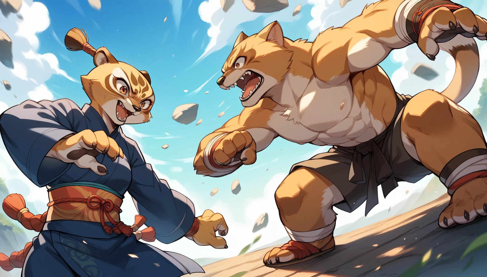 rating_safe, score_9, score_8_up, score_7_up, score_6_up, score_5_up, score_4_up, hires, source_furry(kemono, boy, girl)dynamic angle, kung fu film, action, perfect anatomy,