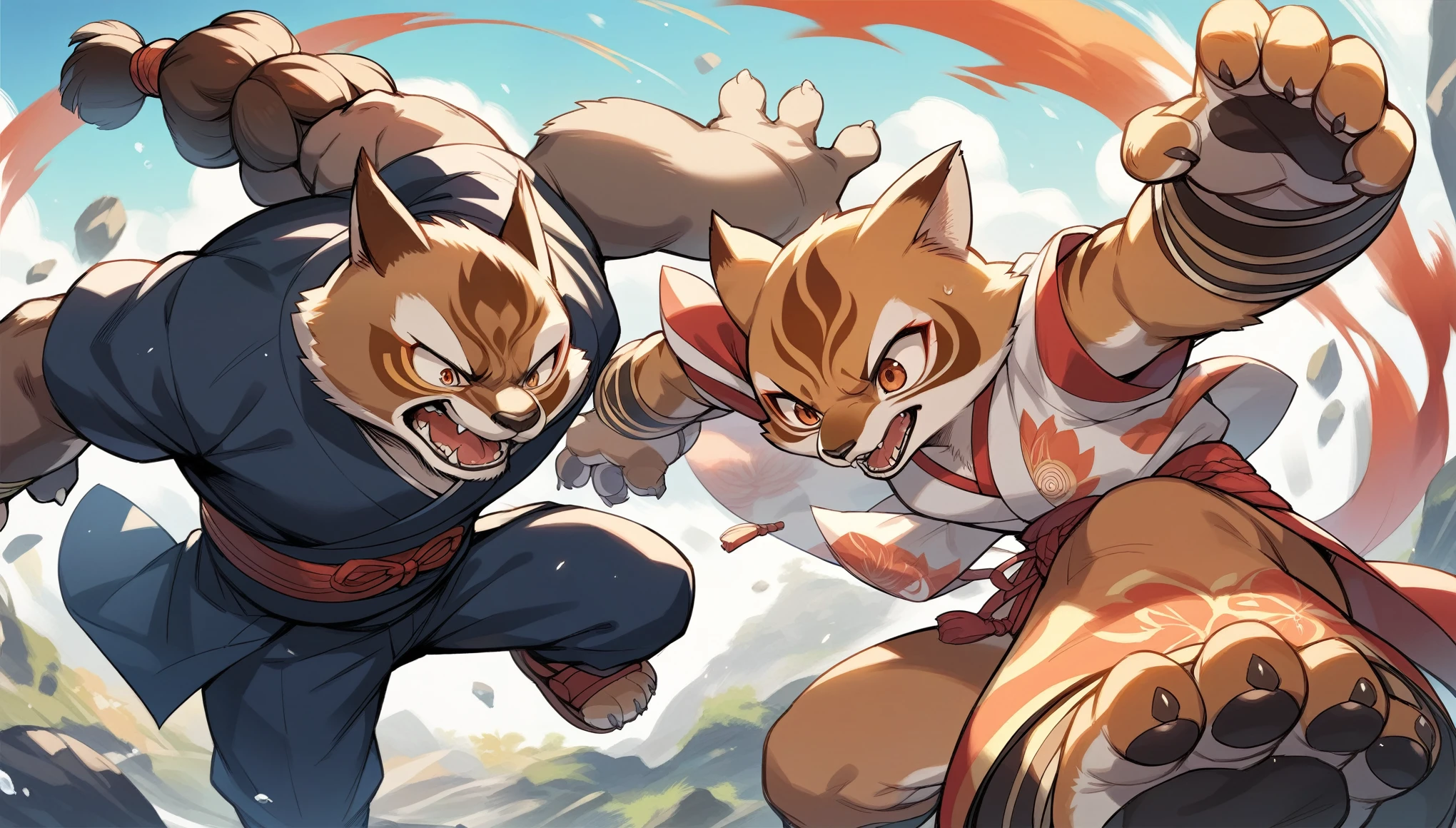 rating_safe, score_9, score_8_up, score_7_up, score_6_up, score_5_up, score_4_up, hires, source_furry(kemono, boy, girl)dynamic angle, kung fu film, action, perfect anatomy,