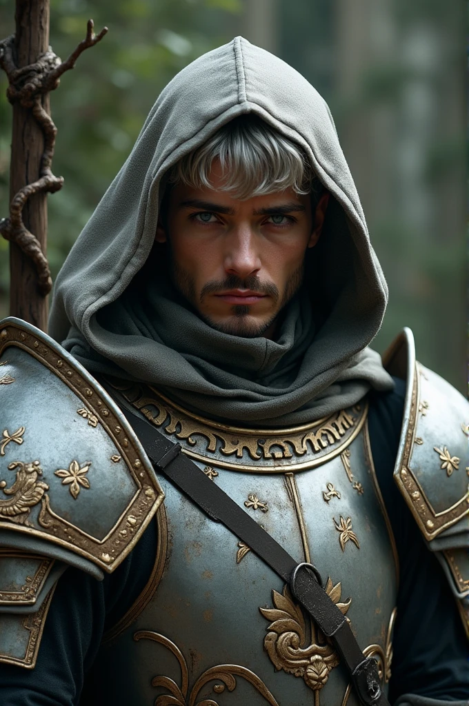 Mysterious and disheveled looking young gentleman, with large and wide armor, silver with gold flourishes, covered with a layer, head covered with hood, short beard, brown skin, medium short silver hair, white of the illuminated eyes, It rests on a stick that looks like a branch