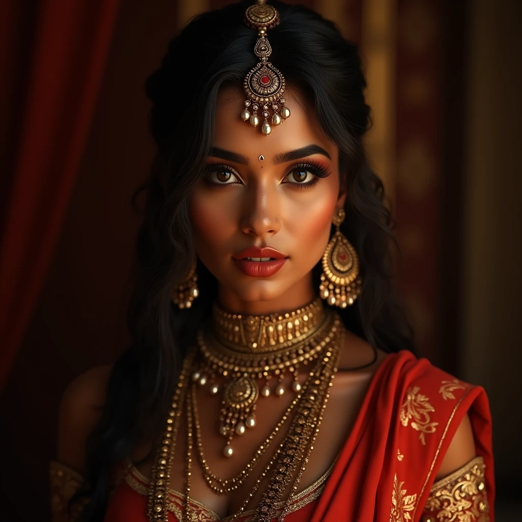 (best quality,4k,8k,highres,masterpiece:1.2),ultra-detailed,(realistic,photorealistic,photo-realistic:1.37),beautiful detailed eyes,beautiful detailed lips,extremely detailed eyes and face,longeyelashes,traditional indian hindu milf,busty,big boobies,seducing looks,intricate indian attire,gorgeous jewelry,ornate headdress,detailed facial features,warm skin tones,dramatic lighting,rich colors,chiaroscuro