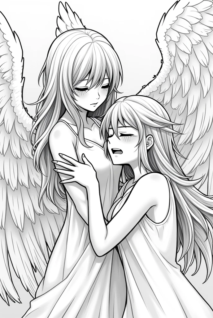 A female angel with blindfolds crying a lot with and there mother is relative with four wings very close to the face with hair blowing diagonally with the mouth slightly open in black and white anime style 