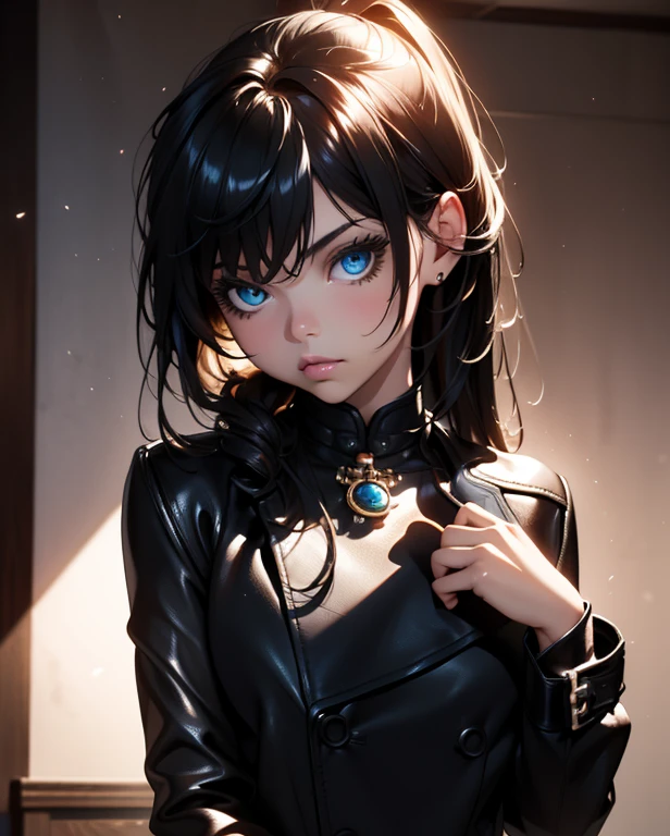 Top quality, Masterpiece, 1 girl, Beautiful Face, (Realistic picture:1.3), Edge lighting, (Highly detailed leather:1.2), 8 k UHD, dslr, High quality, High accuracy, 4K, 8 k, sad, absurdity, Best ratio four fingers and one thumb, (real:1.3), Small face, Cute One Girl, black formal jacket, middle breast, Mini skirt,office