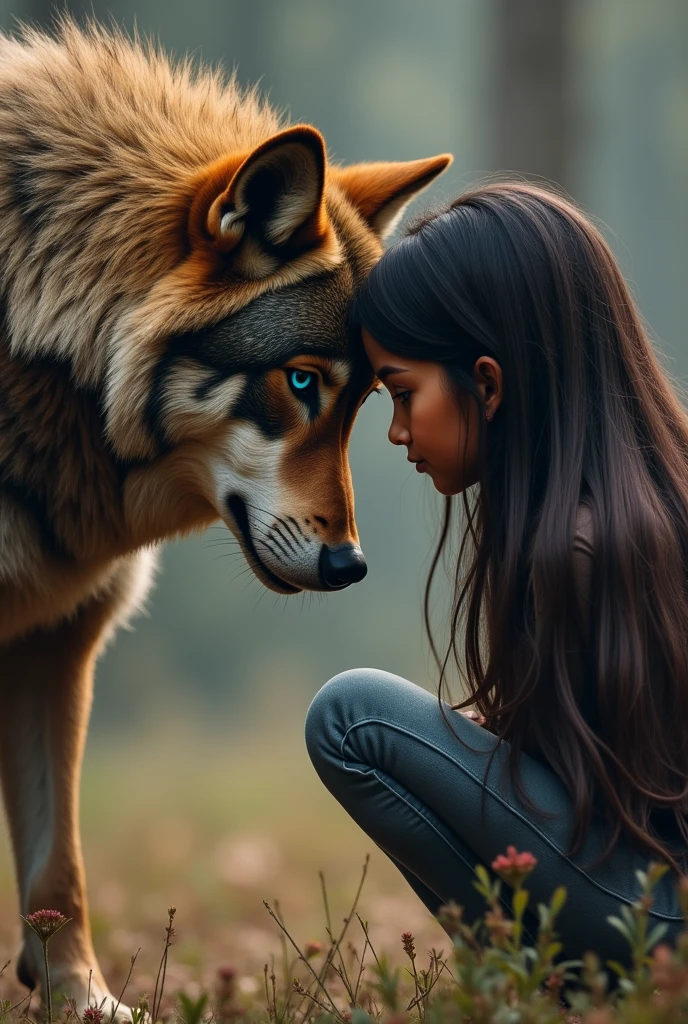 Large wolf, blue eyes, brown fur, looking face to face with a teenager, en cuncillas, Brown skin, latina, long straight hair , Dark brown hair, with violet eyes, looking at each other with love Semi realistic format
