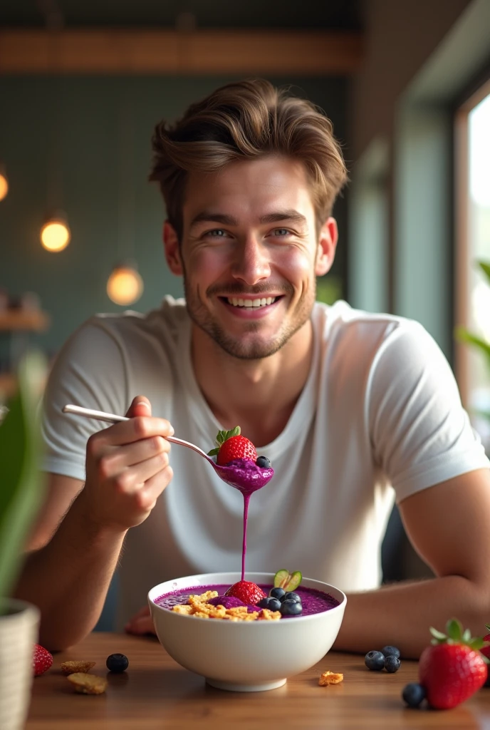 realistic young man, At the acai shop ,eating acai , ultra HD, high qualiy, best qualityer, high resolution 18k