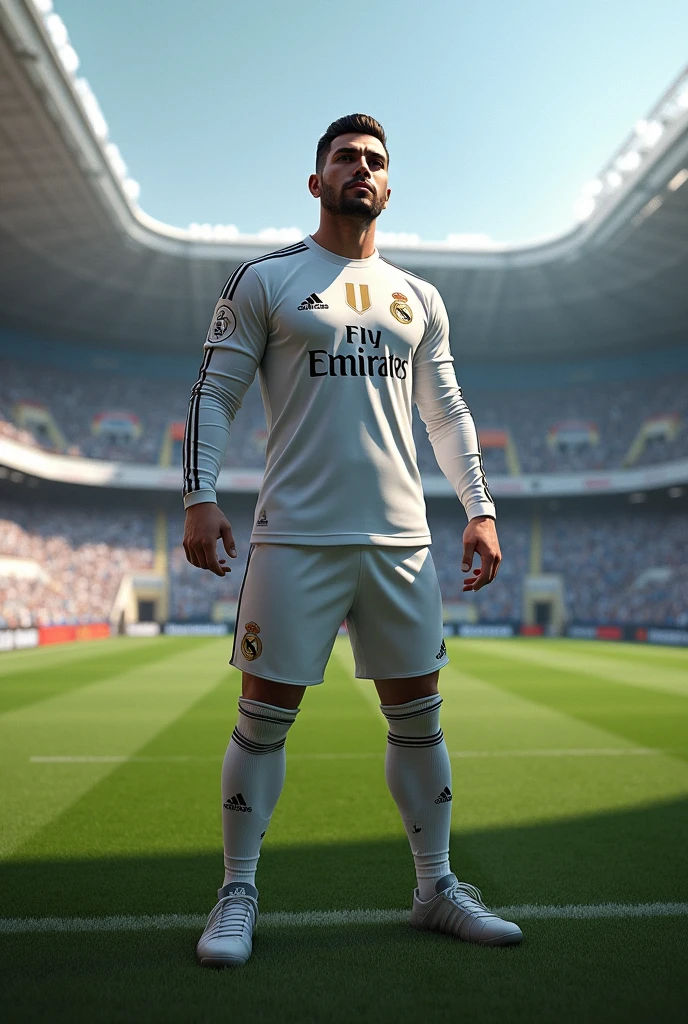 Generate me an image of Handsome man standing on Santiago Bernabeuo wearing Real Madrid shirt with long sleeves and number 7 shirt and Lazik written on it in Realistic style 