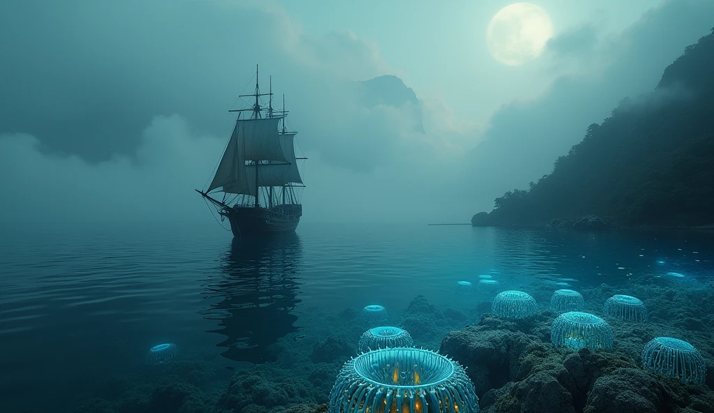 A cinematic and dark image of a ship with sails fully unfurled, gliding across a calm sea at dawn. The horizon reveals a mysterious land shrouded in mist, with towering mountains and dense jungles barely visible. Below the water’s surface, a network of glowing anemones radiates vibrant colors, starkly contrasting with the deep, dark waters. The anemones pulse rhythmically, as if in tune with an otherworldly underwater song, subtly drawing the ship toward the lost land. The scene is bathed in soft, eerie light, blending the tranquil dawn with an undercurrent of hidden danger and ancient secrets., Surrealism, Hyperrealism, UHD, retina, masterpiece, accurate, anatomically correct, textured skin, super detail, award winning, 16k