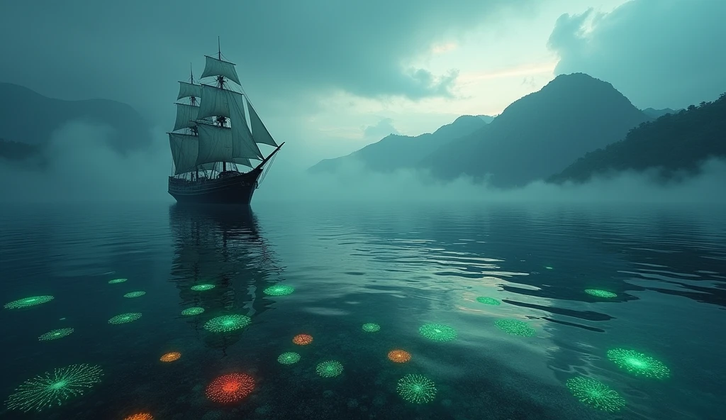 A cinematic and dark image of a ship with sails fully unfurled, gliding across a calm sea at dawn. The horizon reveals a mysterious land shrouded in mist, with towering mountains and dense jungles barely visible. Below the water’s surface, a network of glowing anemones radiates vibrant colors, starkly contrasting with the deep, dark waters. The anemones pulse rhythmically, as if in tune with an otherworldly underwater song, subtly drawing the ship toward the lost land. The scene is bathed in soft, eerie light, blending the tranquil dawn with an undercurrent of hidden danger and ancient secrets., Surrealism, Hyperrealism, UHD, retina, masterpiece, accurate, anatomically correct, textured skin, super detail, award winning, 16k