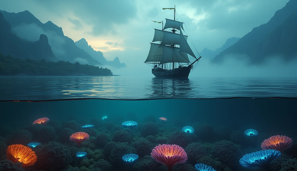 A cinematic and dark image of a ship with sails fully unfurled, gliding across a calm sea at dawn. The horizon reveals a mysterious land shrouded in mist, with towering mountains and dense jungles barely visible. Below the water’s surface, a network of glowing anemones radiates vibrant colors, starkly contrasting with the deep, dark waters. The anemones pulse rhythmically, as if in tune with an otherworldly underwater song, subtly drawing the ship toward the lost land. The scene is bathed in soft, eerie light, blending the tranquil dawn with an undercurrent of hidden danger and ancient secrets., Surrealism, Hyperrealism, UHD, retina, masterpiece, accurate, anatomically correct, textured skin, super detail, award winning, 16k