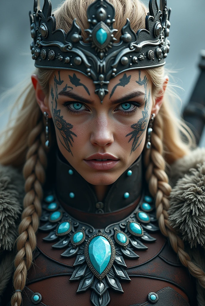 Close up of nordic female warrior with axe in hand, Woman, blue eye, axe next to the face, large crown on head , necklace beautiful stones on the neck, tattooed face, Angry
